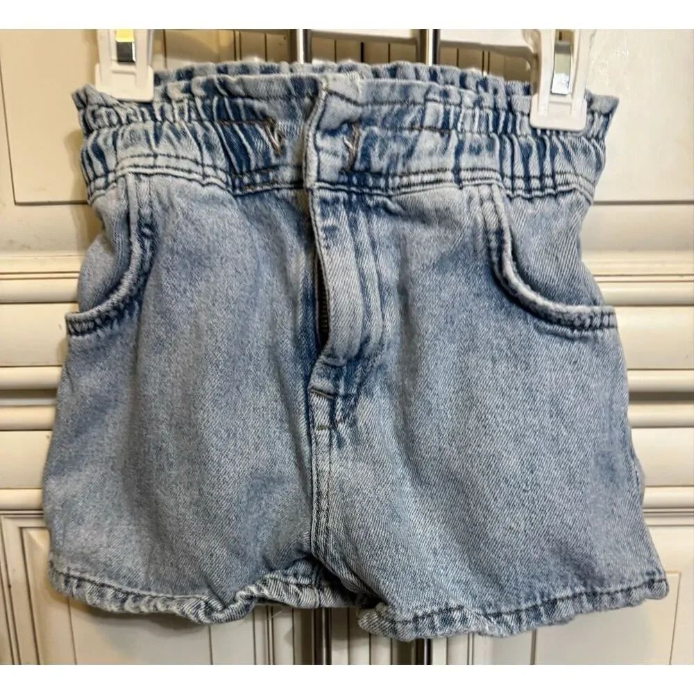 ZARA Girls Elastic Waist 2 Pocket Denim Paperbag Jean Shorts Light Blue Size 7